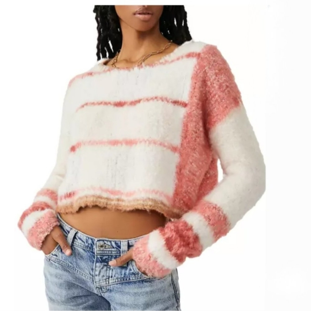 'FREE PEOPLE' 'EMERSON' ROMANC PATTERN~SLEEVE V-LINE HEATHER SWEATER NEW